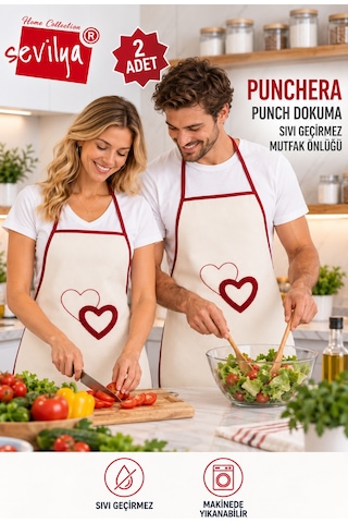 Punchera 2li Paket Punch Nakışlı Sıvı Su Geçirmez Mutfak Önlüğü Kalp