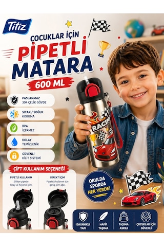 Titiz Siply 600 Ml 304 Paslanmaz Çelik Çocuk Matarası Pipetli Ve Direkt İçim Çift Kullanımlı Çok Renkli