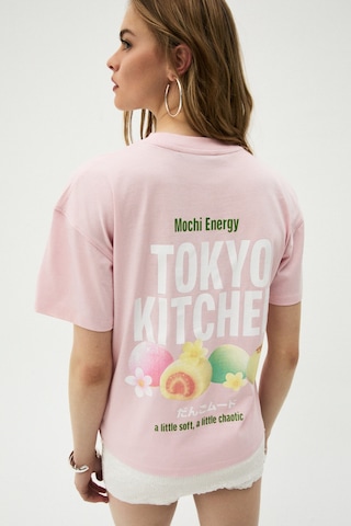 Grımelange Mochı Kadın %100 Organik Pamuklu Yuvarlak Yakalı Baskılı Pembe T-shirt