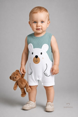 Babyden's Erkek Bebek Yazlık Ayıcık Baskılı Fitilli Tulum %100 Pamuk Kolsuz Şort Tulum Yenidoğan Bebek Romper 0-9 Ay Haki