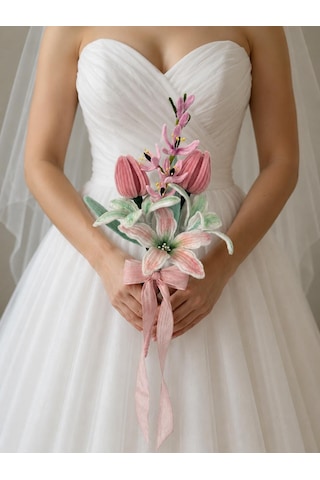 El Yapımı Şönil Gelin Buketi Solmayan Düğün Buketi Beyaz-pembe Bridal Bouquet Nişan, Nikah Ve Düğün Çiçeği Beyaz Pembe