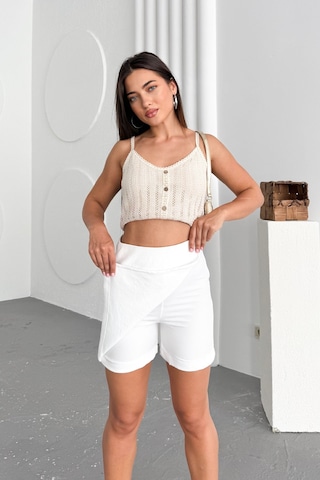 HLT Jeans Beyaz Kadın Slim Yandan Fermuarlı Yüksek Bel Kısa Keten Şort Etek Mia-4557 Beyaz
