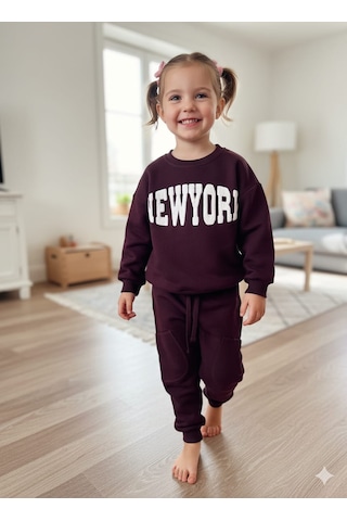 Smalltouch Unısex Çocuk Nakışlı Sweat Eşofman Takım Mürdüm