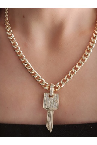 Anahtar Kilit Model Altın Kaplama Gold Renk Çelik Kolye