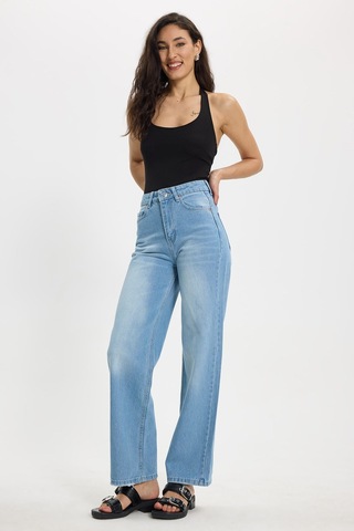 Tudors Kadın Relax Fit Rahat Kesim %100 Pamuk Cepli Geniş Paça Açık Mavi Jean Kot Pantolon-50731