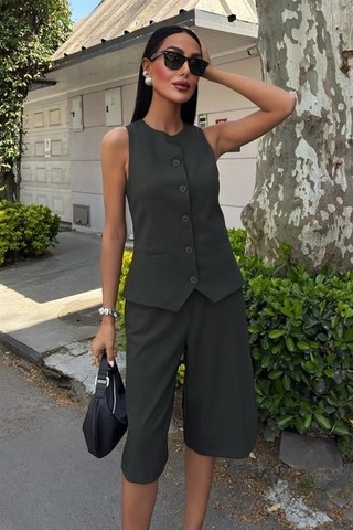 Midi Şortlu Ve Yelekli Viscon Takım 10167 Çağla