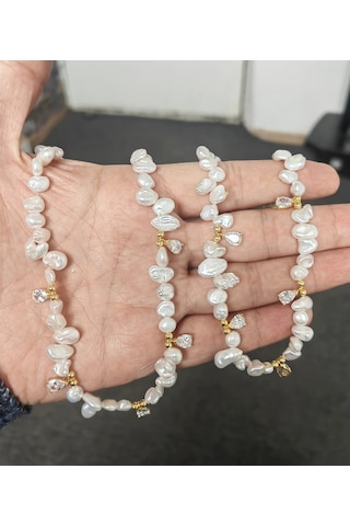 925 Ayar Gümüş Damla Taşlı Gerçek İnci Kolye Zarif Ve Şık Kadın Takı Modeli - Altın Renk Gold