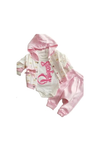 Kız Bebek Kapşonlu Hırkalı Takım 3lü Koyu Pembe -pembe - Beyaz