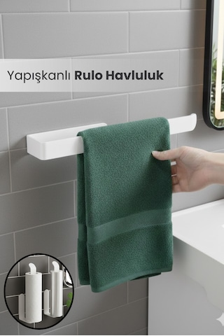 Yapışkanlı Duvar Tipi Metal Havluluk Modern Kağıt Havlu Tutucu - Havlu Askısı Beyaz