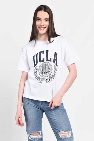 Ucla Avalon Beyaz Bisiklet Yaka Baskılı Oversize Kadın Tshirt Beyaz