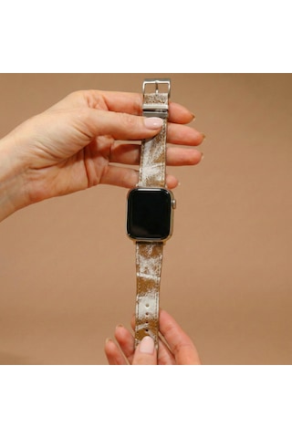 Goldoni Apple Watch Uyumlu Antik Bej İnce Gerçek Deri Kordonu Metal Köprülü