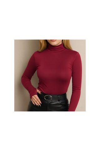 Unika Boutique Uzun Kol Dik Yaka Parmak Geçmeli Body T-shirt Bordo