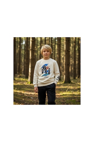 Fesshera Kids Erkek Çocuk Eşofman Takımı Baskılı Sweatshirt Ve Siyah Jogger Alt Pamuklu Kışlık Takım Bej