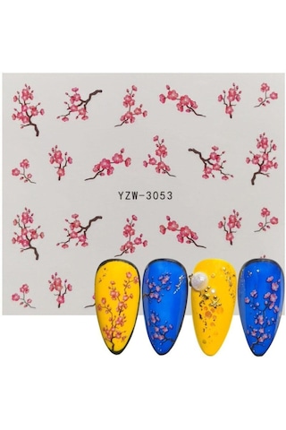 Pembe Gül Dal Çiçek Tırnak Vinil Sticker Etiket Çıkartması Çoklu Süsleme Dövme 6x5.5cm