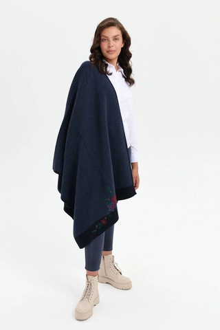 Desen Triko Üç Çiçekli Nakış İşlemeli Kadın Yün Şal 24055 Lacivert