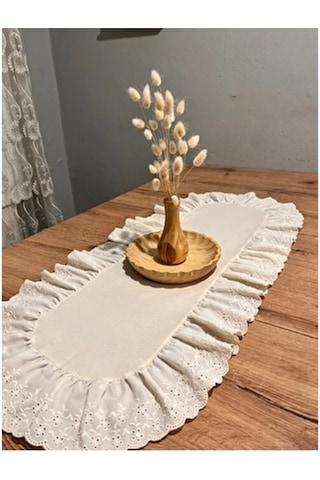 Oval Fırfırlı Naturel Ham Keten Fisto Runner Bej 35 x 65 CM