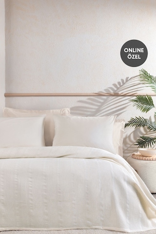 Liona Çift Kişilik %100 Pamuk Pike Takımı - Ekru