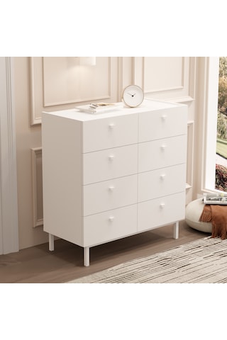 Robinhome Rhode Geniş Şifonyer 8 Çekmeceli Ahşap Ayaklı Beyaz