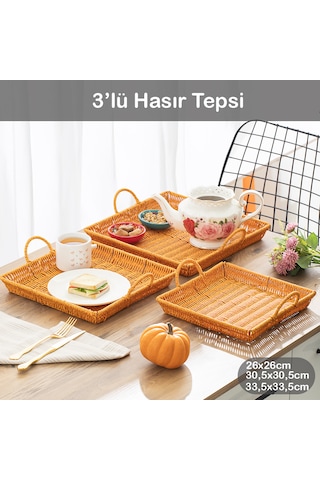 Porsima 709a Kare 3'lü Hasır Tepsi Dekoratif Sunum Servis Tepsisi