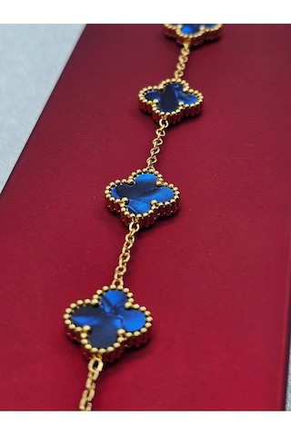 Sedefli Mavi Çelik Bileklik Gold Renk Yoncalı Model Altın