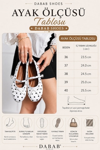 Dabab Shoes Penelop Kadın Beyaz Saten Puantiyeli Fiyonk Detaylı Tokalı Mary Jane Babet Ayakkabı Ve Zincirli Çanta Seti