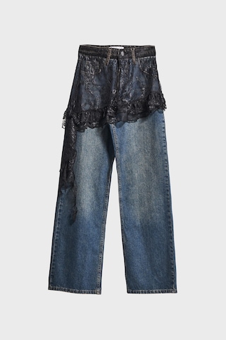 it's basic Kadın Kot Rengi 2w5-8 Straight Fit %100 Koton Dantel Detaylı Etek Özel Tasarım Denim Jean Mavi