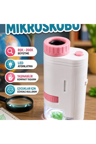 Çocuklar İçin Taşınabilir Led Işıklı Bilim Mikroskobu 80x-200x Ayarlanabilir Büyütme