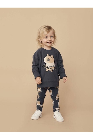 Kız Çocuk 2 İplik Kumaş %100 Pamuklu Sevimli Sincap Baskılı Alt-üst Takım Gri