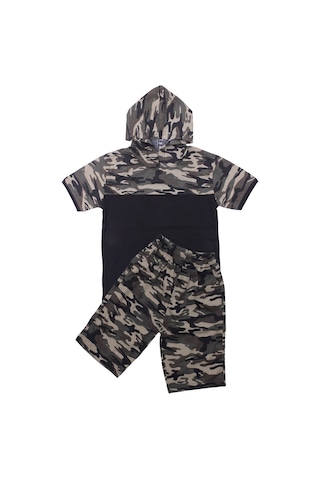 Fyk Kids Erkek Çocuk Kapüşonlu Kamuflaj Desenli Kapri-sweatshirt Alt Üst Takım Haki