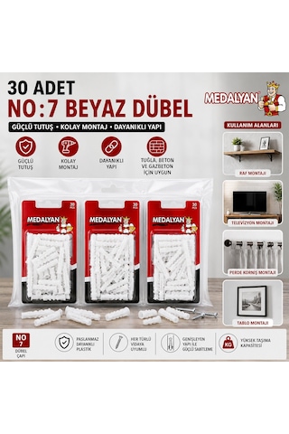 Medalyan Dl-37 Beyaz Plastik Dübel No 7 - 30 Adet- 12'li Paket