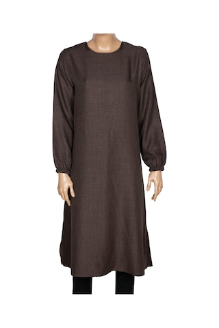 Hermevsim Missbah Kadın Efnan Keten Basic 115cm Yanı Yırtmaçlı Uzun Kahve Tunik Kahverengi
