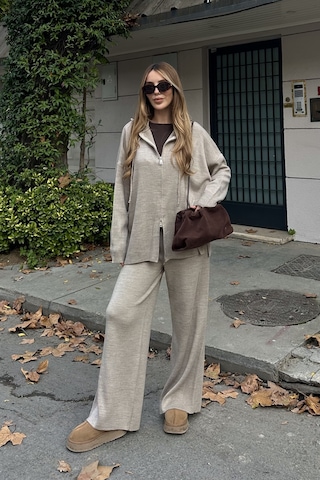 Vizon Fermuarlı Kapüşonlu Triko Takım - 0511 Vizon