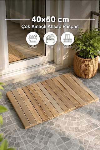 Reyo Ahşap İpli Banyo Paspası, Bahçe Balkon Paspası 40x50cm Kahverengi