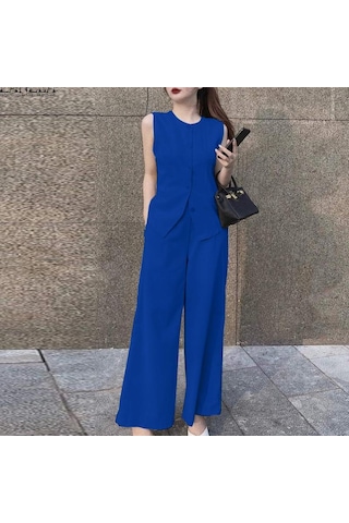 Zanzea Yaz Kıyafetleri Bayan Üstleri Ve Geniş Bacak Pantolon Rahat İki Parçalı Takım Elbise Seti Mavi