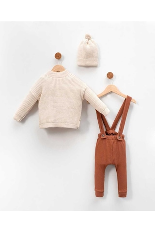 Bebicix Triko Kazak Oversize Esnek Salopet Bereli Unisex Bebek Takım Kahverengi