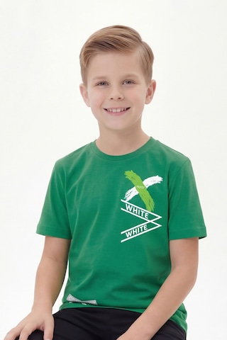 Panios Kids White Yazı Baskılı Yuvarlak Yaka Kısa Kollu Erkek Çocuk Yazlık Tişört Yeşil