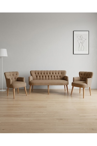 Roma 3+1+1 Keten Kumaş Balkon Ofis Çay Seti Bekleme Koltuk Takımı - Ahşap Ayak - Kahverengi