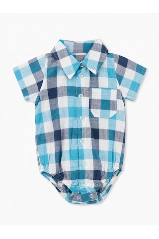 Babyhola Erkek Bebek Çıtçıtlı Gömlek Badi Poplin Kumaş Kısa Kollu Şık Tulum 3503 Mavi
