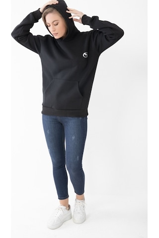 Unisex Siyah Renk Baskılı Kapşonlu Sweatshirt Siyah
