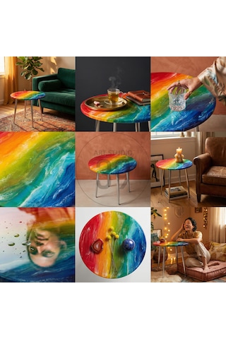 Raınbow Lux 60 Cm Kahve Sehpası Rainbow Epoksi Parlak Yüzey Gümüş Ayaklı Modern Orta Sehpa 45 Cm Yükseklik Çok Renkli