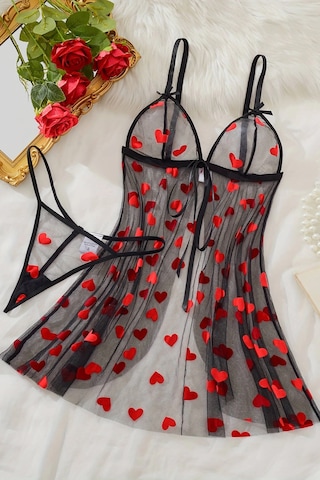 Kalp Desenli Siyah Transparan Gecelik Tm1378 Siyah