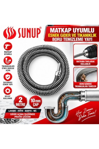 Sunup Sn-38808 2 Metre 10 Mm Matkap Uyumlu Boru Temizleme Yayı