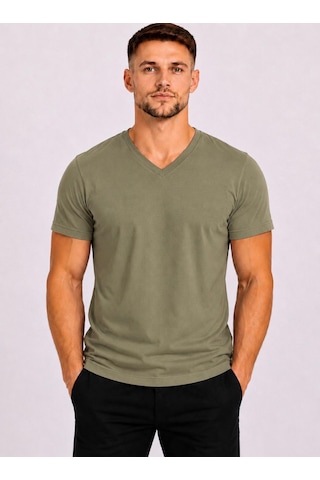Axxel Erkek Açık Haki Pamuklu V Yaka Kısa Kollu T-shirt-d804