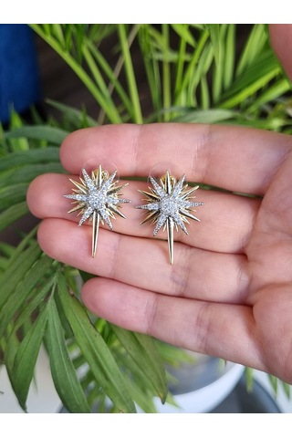 Zirkon Taşlı Çift Renk Kutup Yıldızı Küpe Işıltılı Şıklık Altın