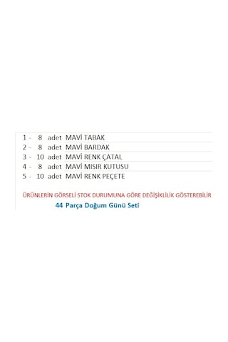 8 Mavi Tabak, 8 Mavi Bardak, 8 Mavi Mısır Kutusu, 10 Çatal, 10 Peçete
