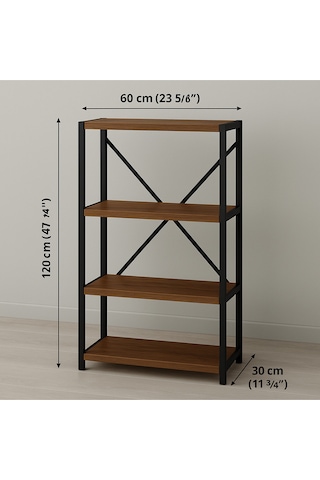 Ofis Salon İçin Siyah Metal Çerçeveli 4 Raflı Endüstriyel Dosya Kitap Rafı 120x60x30 Cm Kahverengi