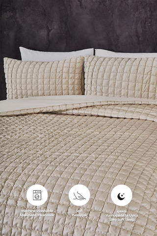 Evlen Home Collection Kadife Stacy Yatak Örtüsü Seti Çift Kişilik Elyaf Dolgulu Yumuşak 3 Parça Bej
