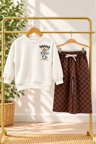 Monila Erkek Çocuk 3 İplik Pamuklu Ekru Waffle Baskılı Sweatshirt Ve Kahverengi Kareli Alt Üst Takım