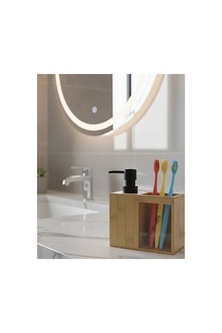 Bambu Banyo Seti Sıvı Sabunluk Ve Diş Fırçalık Seti Mat Siyah Detaylı Doğal Bambu