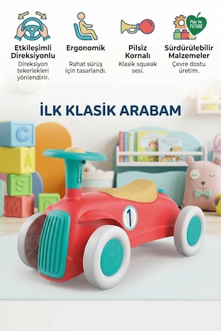 Clementon İ İlk Kornalı Klasik Arabam Kolay Kurulumlu 1:1 Boyutlu Ergonomik Sürmeli Çocuk Arabası